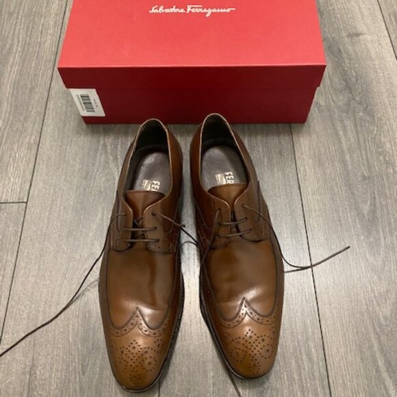 Salvatore Ferragamo Brown Leather Wingtip Oxford Shoes Size US 11.5 - Picture 1 of 15